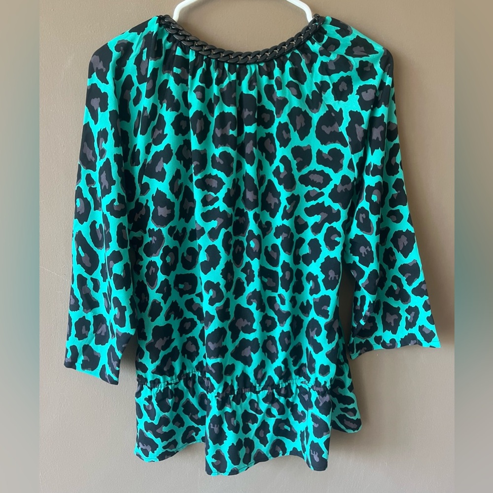Turquoise and Black Leopard Print Blouse - Picture 3 of 14